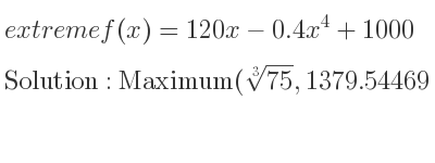The extreme f(x)=120x-0.4x^4+1000 is Maximum(\sqrt[3]{75},1379.54469…)